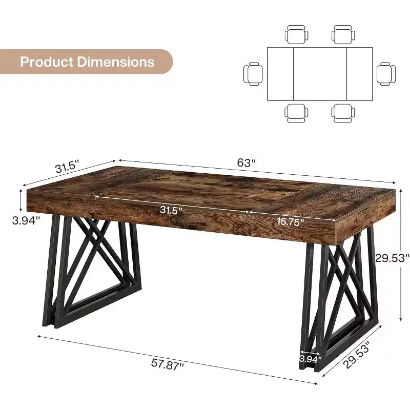 Lantine 63'' dining Table for 4-6, Kitchen Table with Sturdy Metal Legs, Rectangular Dinner Furniture for Living Room, Rustic Brown & Black