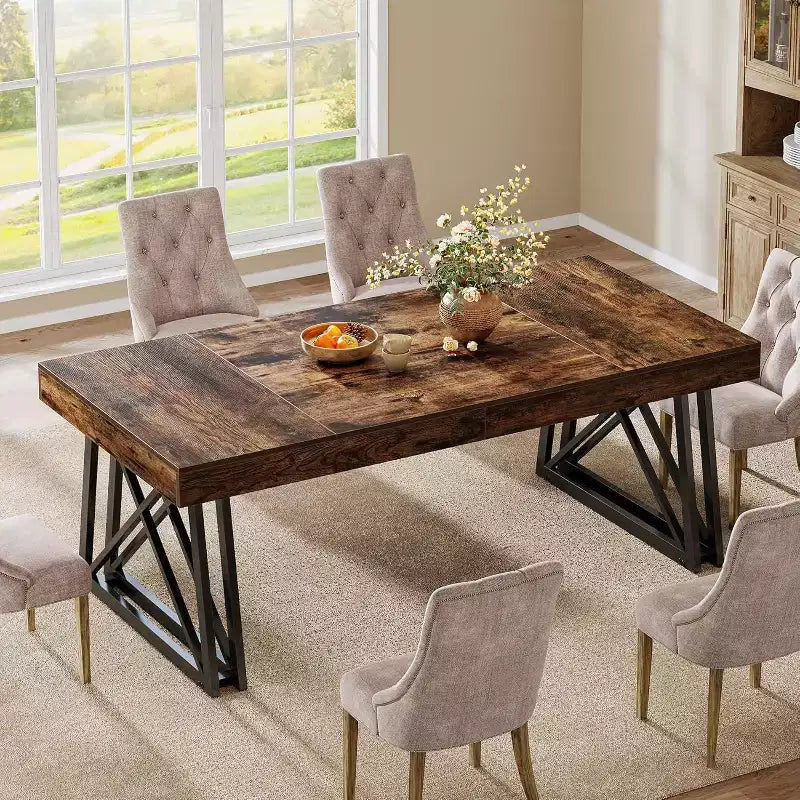 Lantine 63'' dining Table for 4-6, Kitchen Table with Sturdy Metal Legs, Rectangular Dinner Furniture for Living Room, Rustic Brown & Black