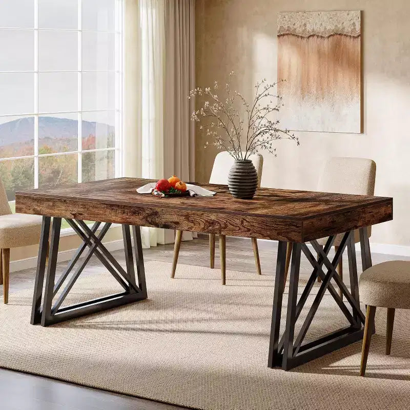 Lantine 63'' dining Table for 4-6, Kitchen Table with Sturdy Metal Legs, Rectangular Dinner Furniture for Living Room, Rustic Brown & Black