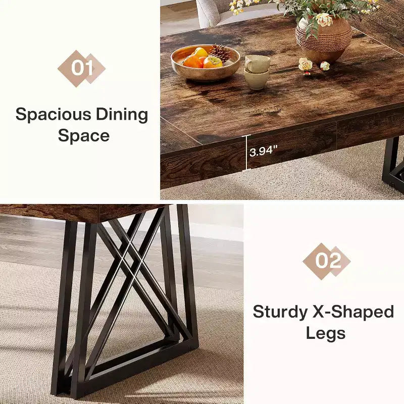 Lantine 63'' dining Table for 4-6, Kitchen Table with Sturdy Metal Legs, Rectangular Dinner Furniture for Living Room, Rustic Brown & Black