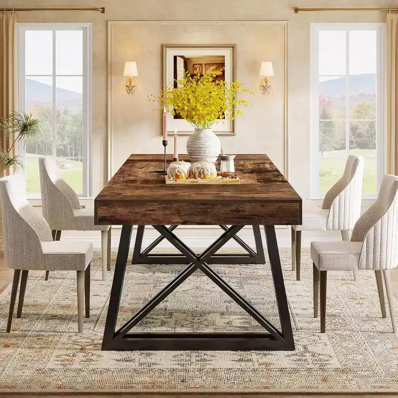Lantine 63'' dining Table for 4-6, Kitchen Table with Sturdy Metal Legs, Rectangular Dinner Furniture for Living Room, Rustic Brown & Black