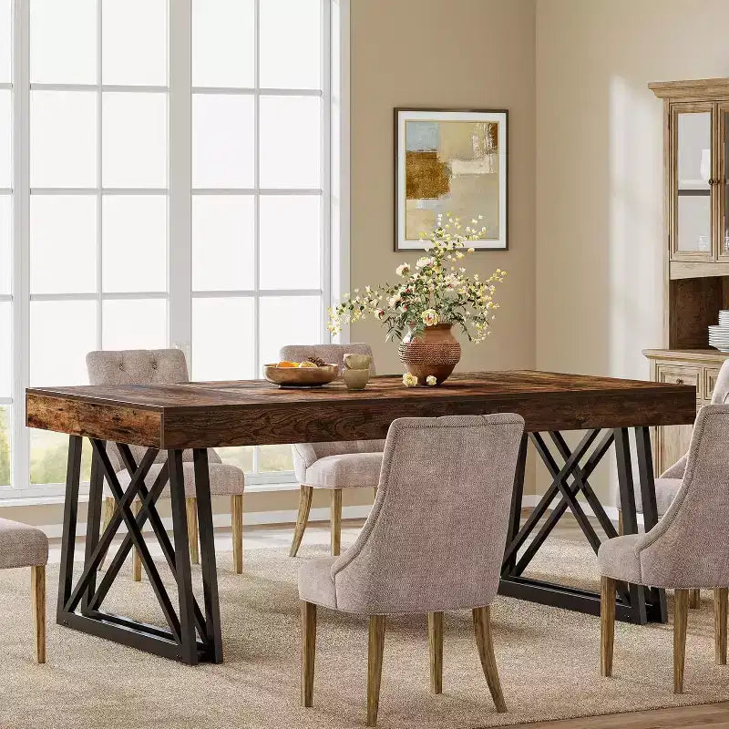 Lantine 63'' dining Table for 4-6, Kitchen Table with Sturdy Metal Legs, Rectangular Dinner Furniture for Living Room, Rustic Brown & Black