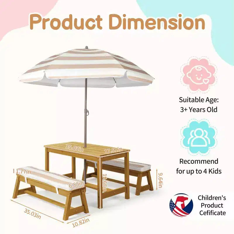 Karl Home Kids Wood Rectangle Outdoor Picnic Table and Bench with Umbrella and Cushion