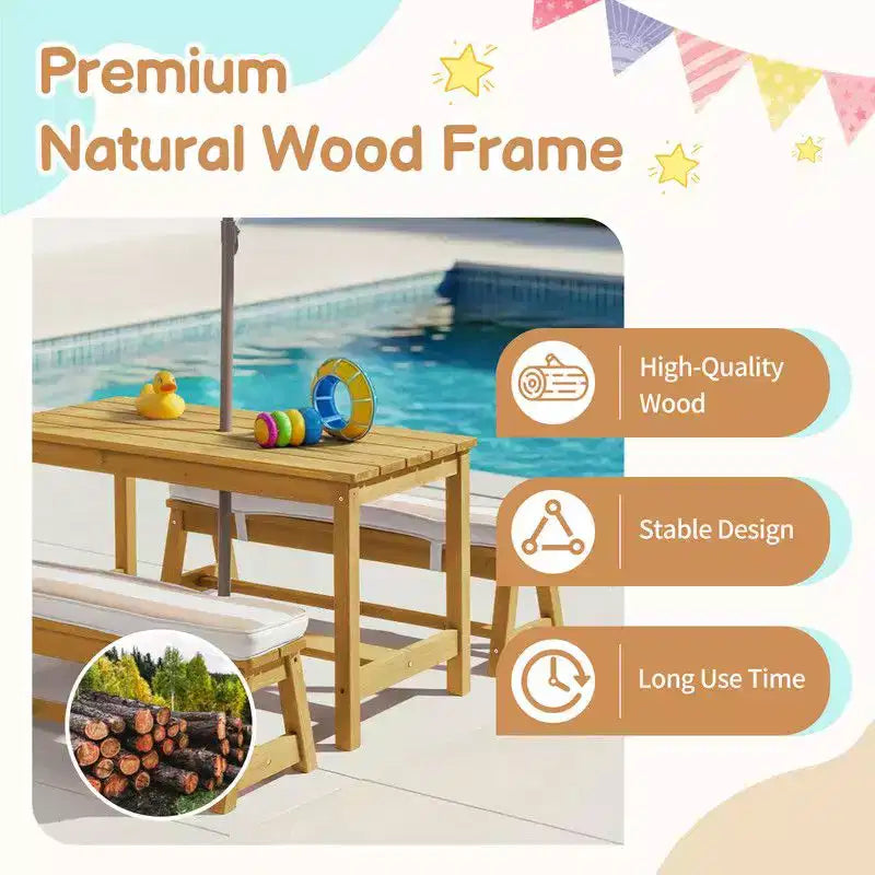 Karl Home Kids Wood Rectangle Outdoor Picnic Table and Bench with Umbrella and Cushion