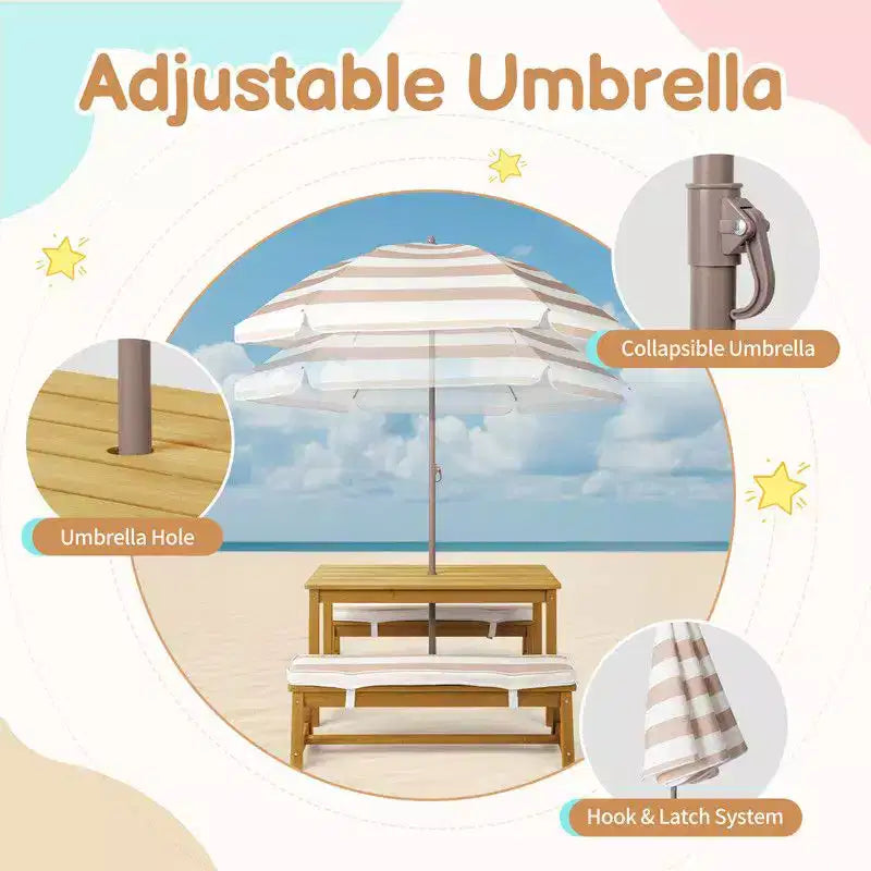 Karl Home Kids Wood Rectangle Outdoor Picnic Table and Bench with Umbrella and Cushion