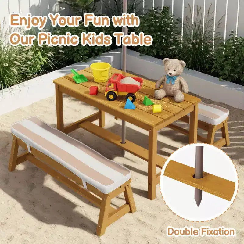 Karl Home Kids Wood Rectangle Outdoor Picnic Table and Bench with Umbrella and Cushion