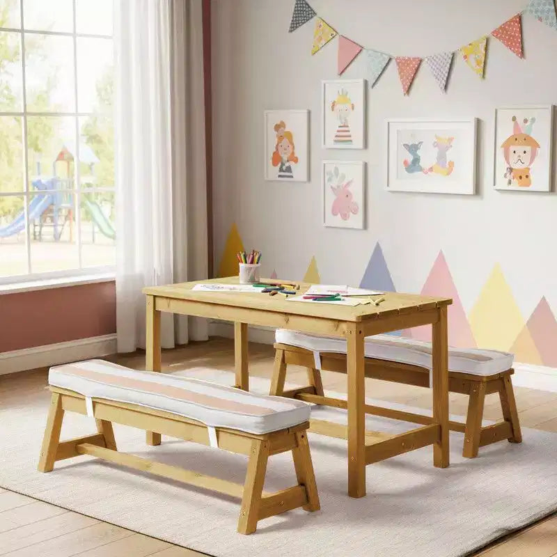 Karl Home Kids Wood Rectangle Outdoor Picnic Table and Bench with Umbrella and Cushion