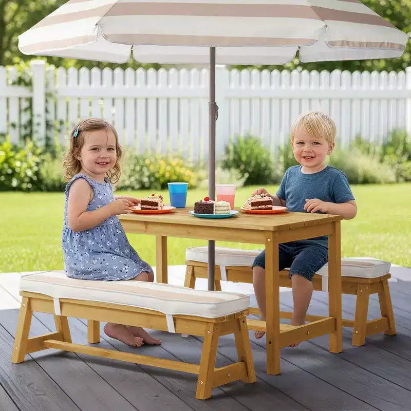 Karl Home Kids Wood Rectangle Outdoor Picnic Table and Bench with Umbrella and Cushion