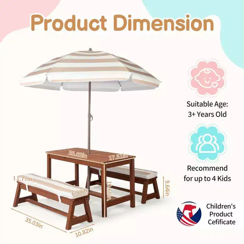 Karl Home Kids Wood Rectangle Outdoor Picnic Table and Bench with Umbrella and Cushion
