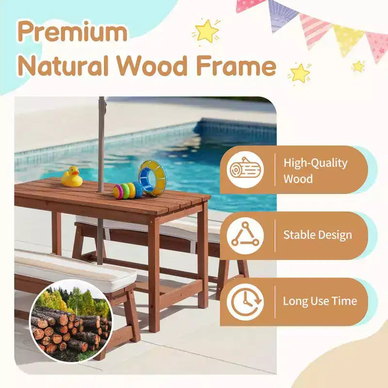 Karl Home Kids Wood Rectangle Outdoor Picnic Table and Bench with Umbrella and Cushion