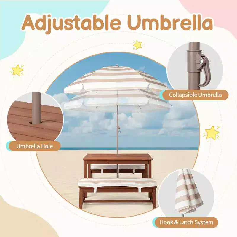Karl Home Kids Wood Rectangle Outdoor Picnic Table and Bench with Umbrella and Cushion