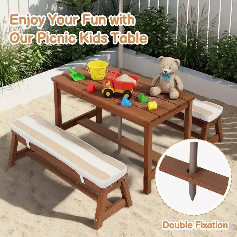 Karl Home Kids Wood Rectangle Outdoor Picnic Table and Bench with Umbrella and Cushion