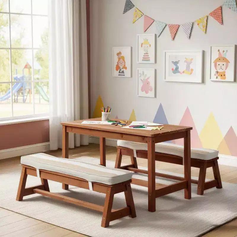 Karl Home Kids Wood Rectangle Outdoor Picnic Table and Bench with Umbrella and Cushion