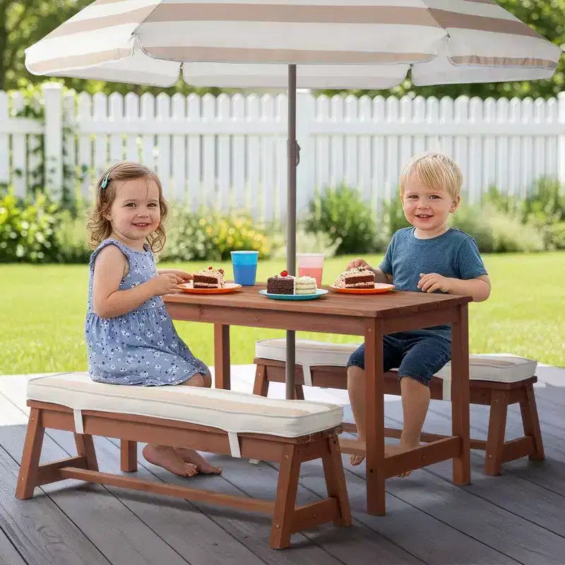 Karl Home Kids Wood Rectangle Outdoor Picnic Table and Bench with Umbrella and Cushion