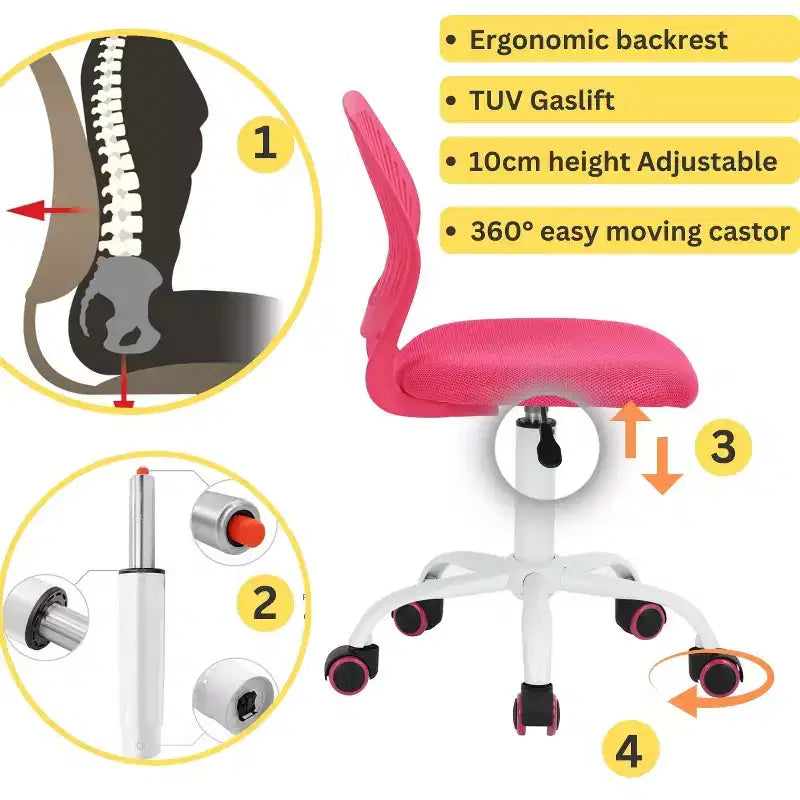 FurnitureR Study Desk Chair Armless Cute, Ergonomic Small Swivel Adjustable Rolling Lightweight Task Chair with Wheels, Hot Pink