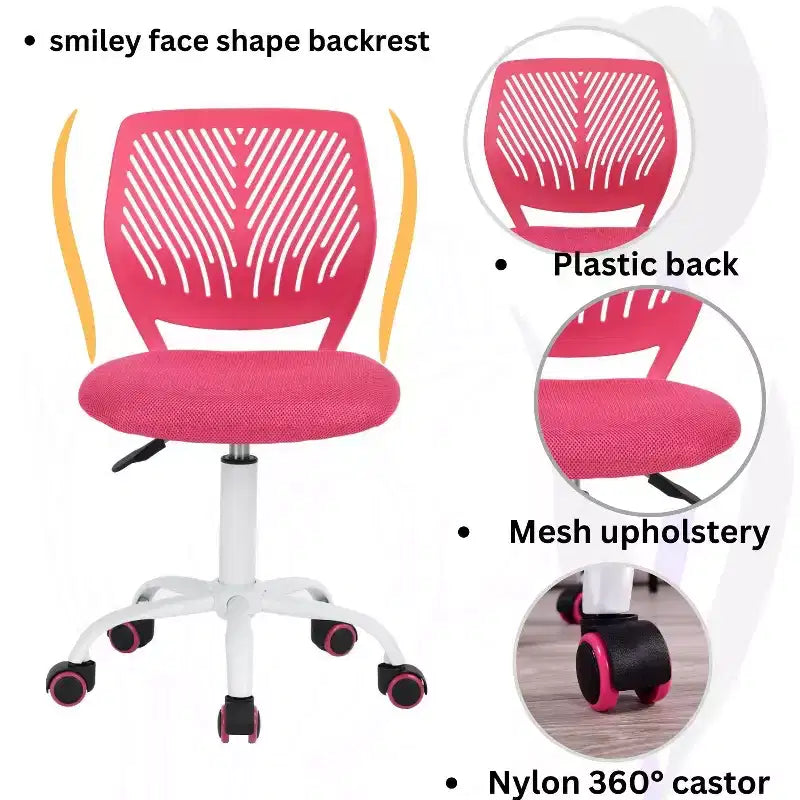 FurnitureR Study Desk Chair Armless Cute, Ergonomic Small Swivel Adjustable Rolling Lightweight Task Chair with Wheels, Hot Pink
