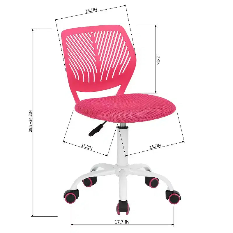 FurnitureR Study Desk Chair Armless Cute, Ergonomic Small Swivel Adjustable Rolling Lightweight Task Chair with Wheels, Hot Pink