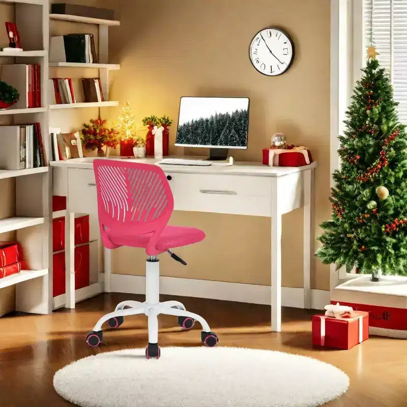 FurnitureR Study Desk Chair Armless Cute, Ergonomic Small Swivel Adjustable Rolling Lightweight Task Chair with Wheels, Hot Pink