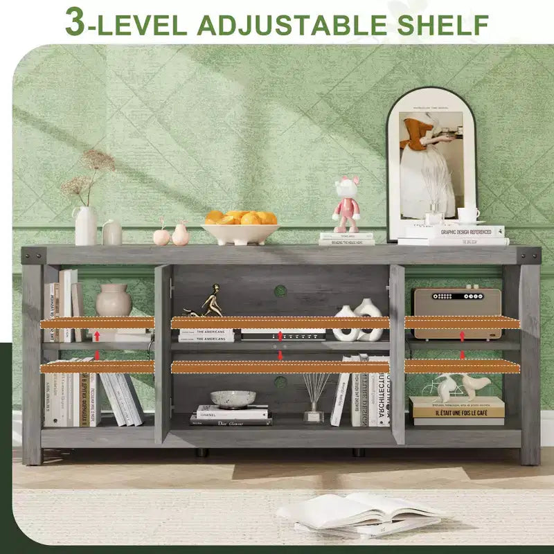 CuisinSmart Farmhouse Wooden TV Cabinet Up To 65'' TVs, TV Media Console Table with Adjustable Shelves & 2 Cabinets, for Living Room Bedroom