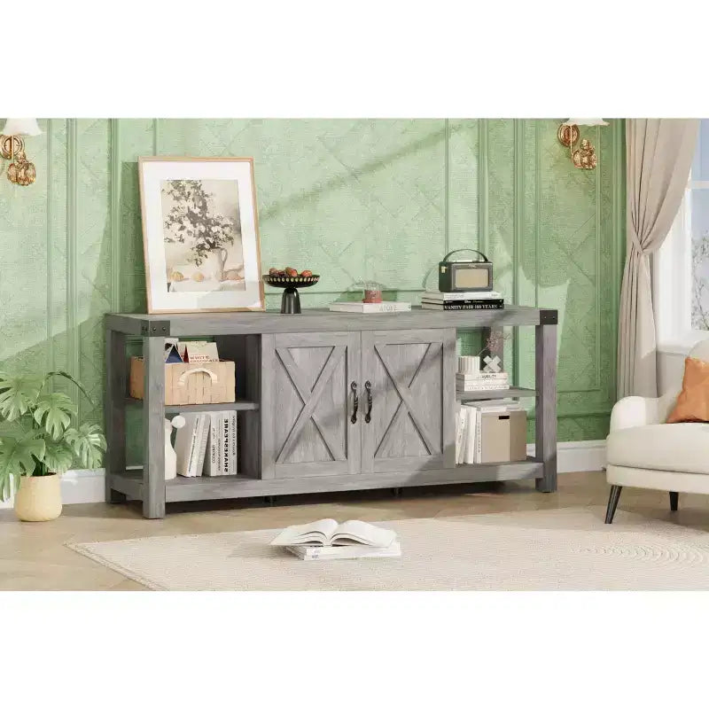 CuisinSmart Farmhouse Wooden TV Cabinet Up To 65'' TVs, TV Media Console Table with Adjustable Shelves & 2 Cabinets, for Living Room Bedroom