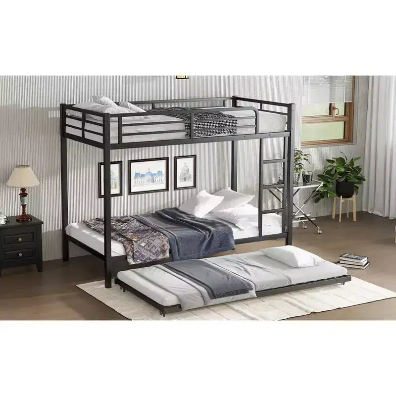 Bellemave Twin XL Over Twin XL Bunk Bed with Trundle, Heavy-Duty Metal Triple Bed Frame, Guardrails, Noise-Free, Black