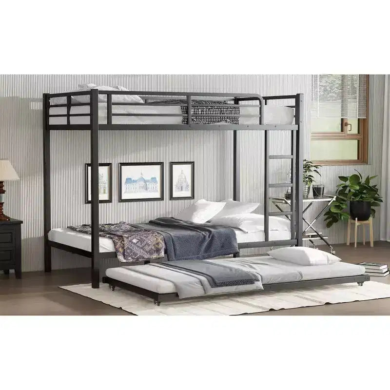 Bellemave Twin XL Over Twin XL Bunk Bed with Trundle, Heavy-Duty Metal Triple Bed Frame, Guardrails, Noise-Free, Black