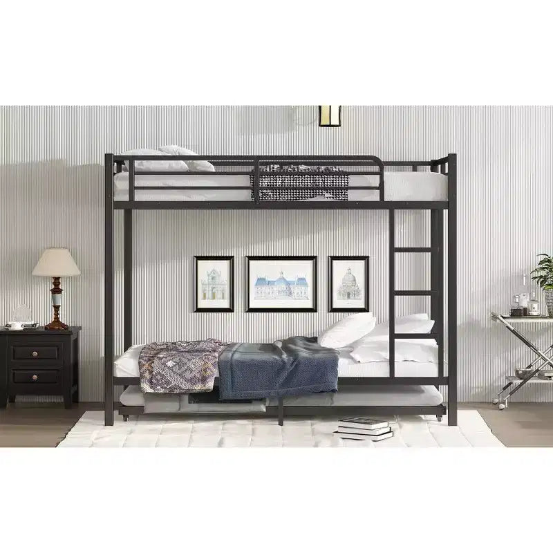 Bellemave Twin XL Over Twin XL Bunk Bed with Trundle, Heavy-Duty Metal Triple Bed Frame, Guardrails, Noise-Free, Black