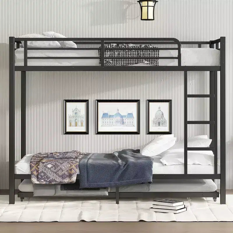 Bellemave Twin XL Over Twin XL Bunk Bed with Trundle, Heavy-Duty Metal Triple Bed Frame, Guardrails, Noise-Free, Black