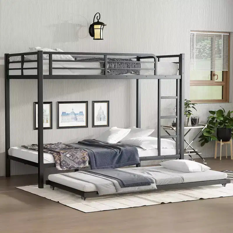 Bellemave Twin XL Over Twin XL Bunk Bed with Trundle, Heavy-Duty Metal Triple Bed Frame, Guardrails, Noise-Free, Black