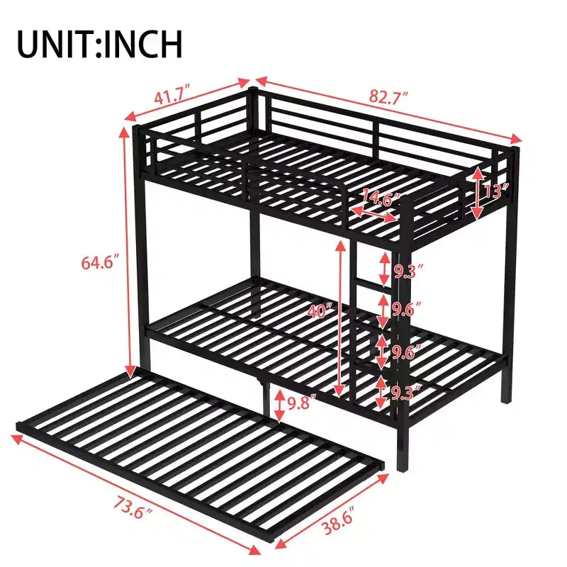 Bellemave Twin XL Over Twin XL Bunk Bed with Trundle, Heavy-Duty Metal Triple Bed Frame, Guardrails, Noise-Free, Black