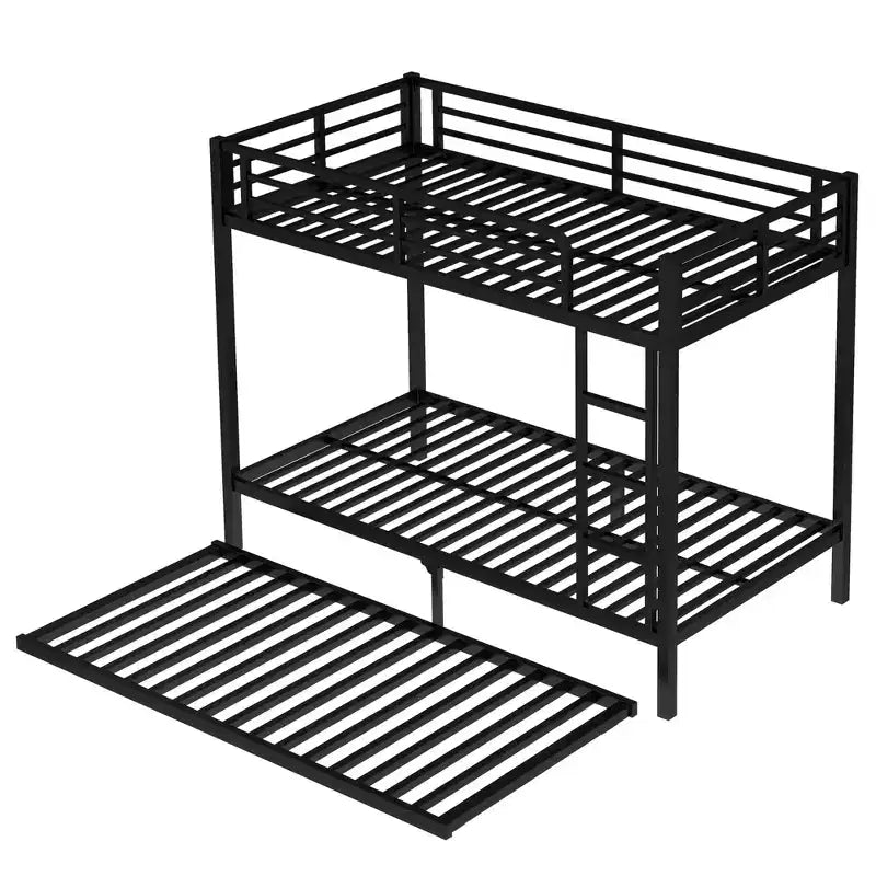 Bellemave Twin XL Over Twin XL Bunk Bed with Trundle, Heavy-Duty Metal Triple Bed Frame, Guardrails, Noise-Free, Black