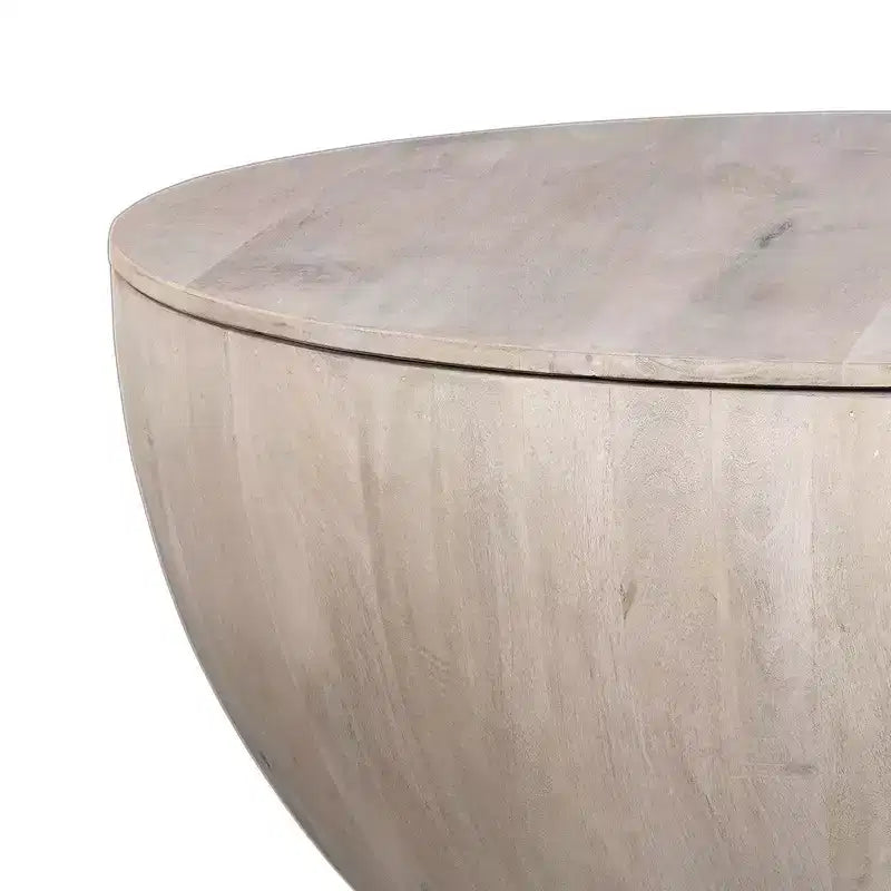 Royal Hampton 37 Inch Round Coffee Table, Handcrafted Drum Shape with Storage, Washed White Mango Wood