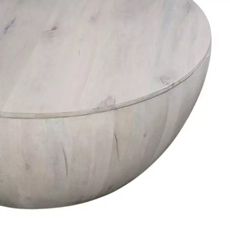 Royal Hampton 37 Inch Round Coffee Table, Handcrafted Drum Shape with Storage, Washed White Mango Wood