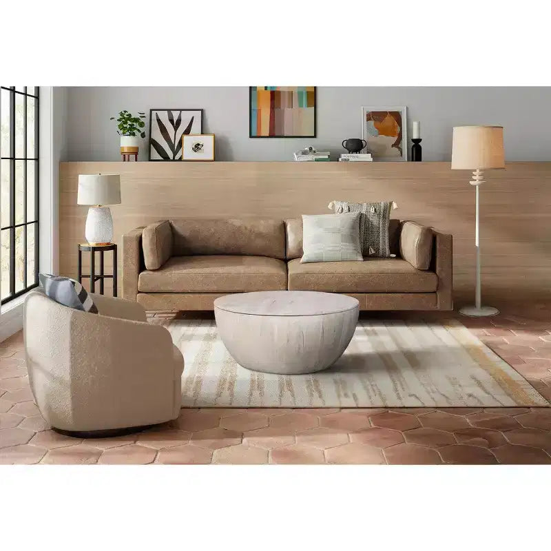 Royal Hampton 37 Inch Round Coffee Table, Handcrafted Drum Shape with Storage, Washed White Mango Wood