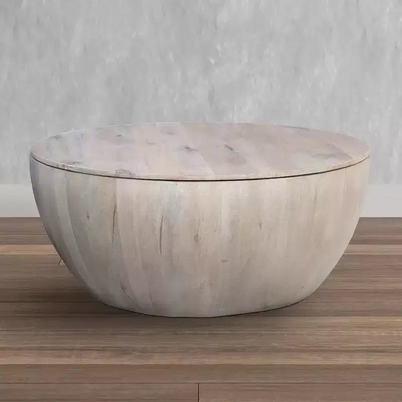 Royal Hampton 37 Inch Round Coffee Table, Handcrafted Drum Shape with Storage, Washed White Mango Wood