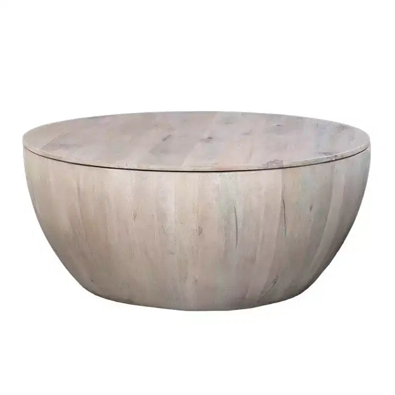 Royal Hampton 37 Inch Round Coffee Table, Handcrafted Drum Shape with Storage, Washed White Mango Wood
