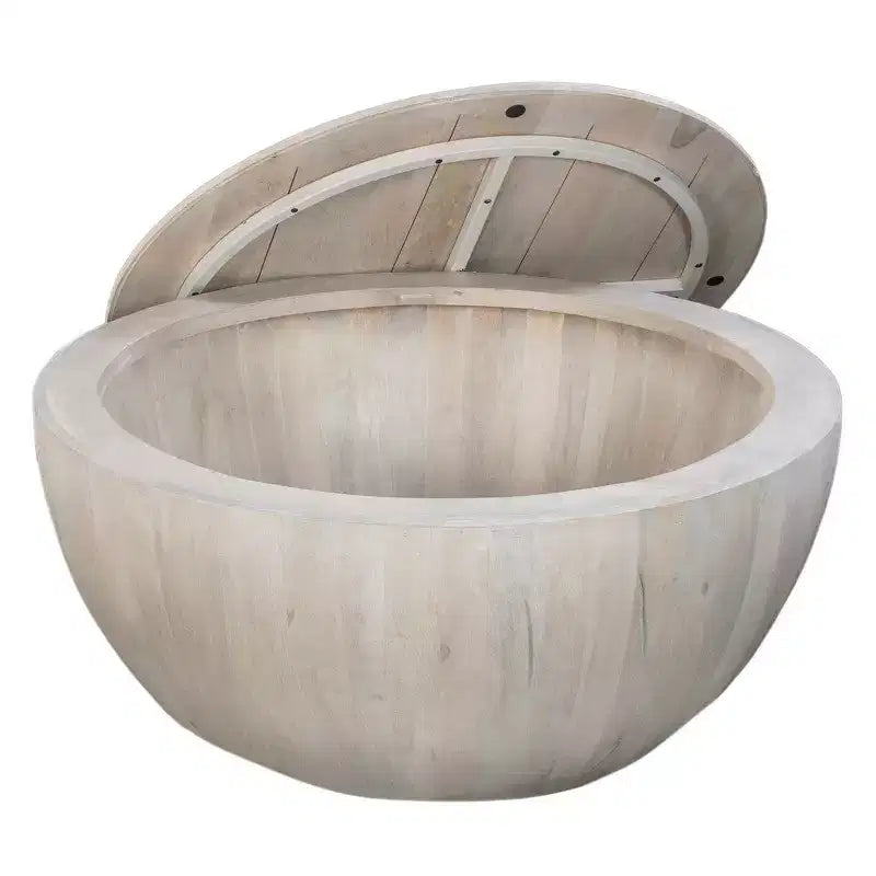 Royal Hampton 37 Inch Round Coffee Table, Handcrafted Drum Shape with Storage, Washed White Mango Wood
