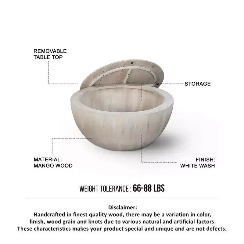 Royal Hampton 37 Inch Round Coffee Table, Handcrafted Drum Shape with Storage, Washed White Mango Wood