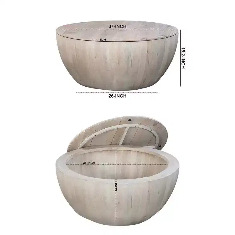 Royal Hampton 37 Inch Round Coffee Table, Handcrafted Drum Shape with Storage, Washed White Mango Wood