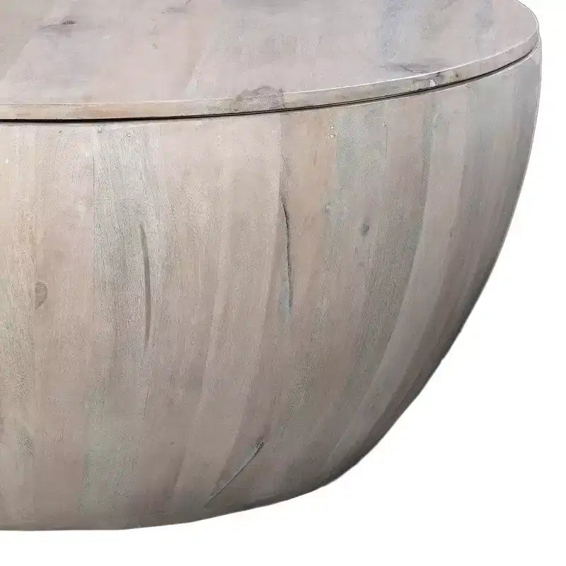 Royal Hampton 37 Inch Round Coffee Table, Handcrafted Drum Shape with Storage, Washed White Mango Wood