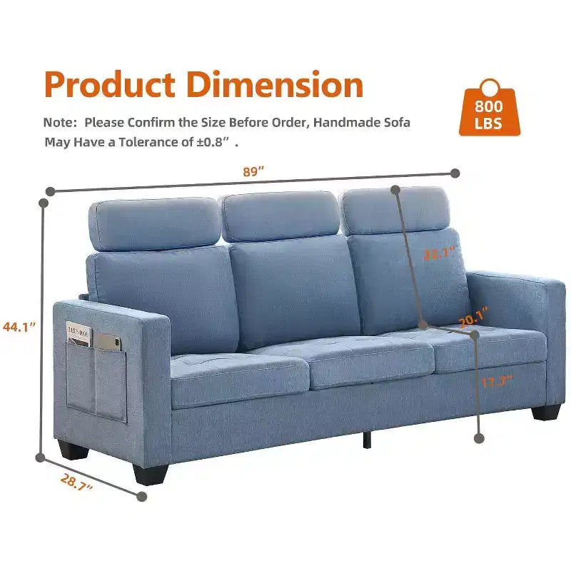 89Modern Comfy Sofa with Removable Headrests,Four Side Pockets, Chenille Fabric Upholstered ,for Living Room Bedroom Apartment Office