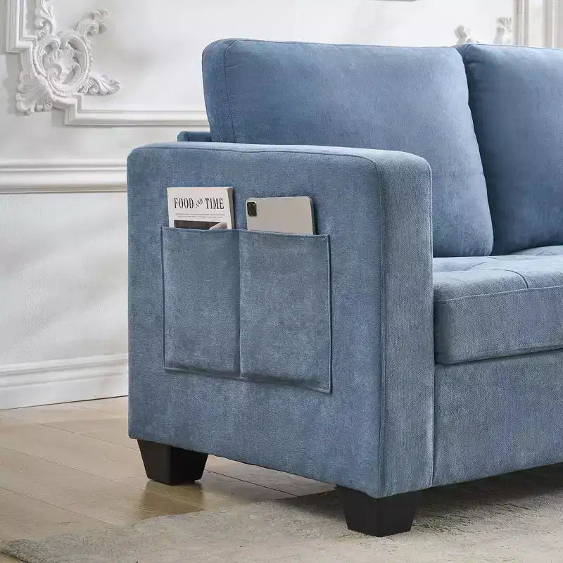 89Modern Comfy Sofa with Removable Headrests,Four Side Pockets, Chenille Fabric Upholstered ,for Living Room Bedroom Apartment Office