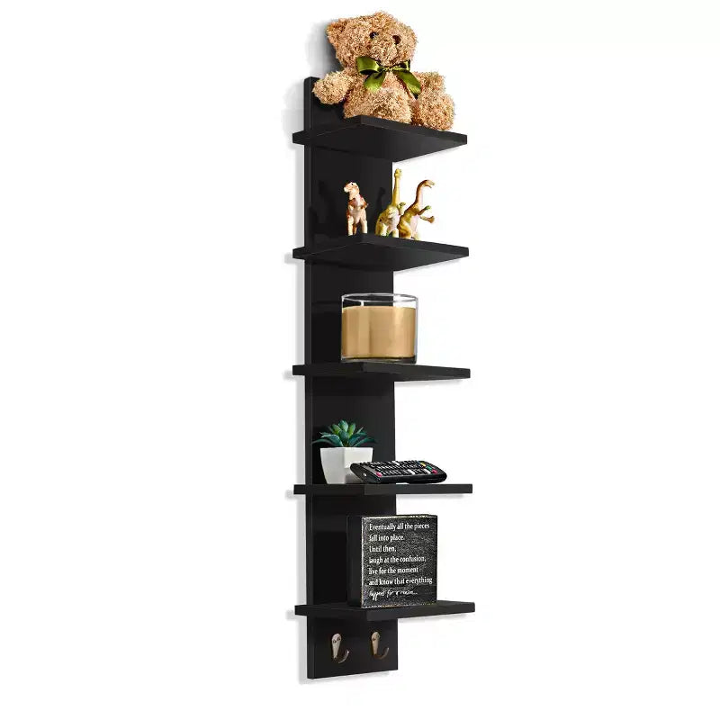 Sorbus 5 Tier Wall Mounted Floating Shelf Unit with Hooks - Home Decor and Storage Organizer