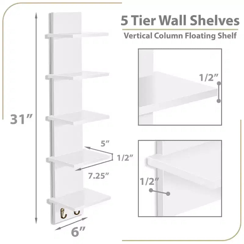 Sorbus 5 Tier Wall Mounted Floating Shelf Unit with Hooks - Home Decor and Storage Organizer
