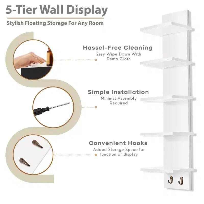 Sorbus 5 Tier Wall Mounted Floating Shelf Unit with Hooks - Home Decor and Storage Organizer
