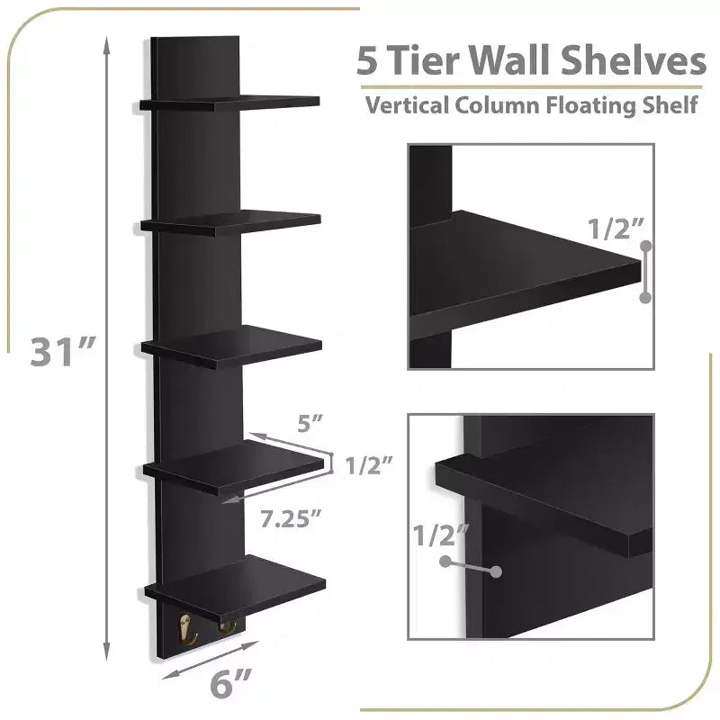 Sorbus 5 Tier Wall Mounted Floating Shelf Unit with Hooks - Home Decor and Storage Organizer