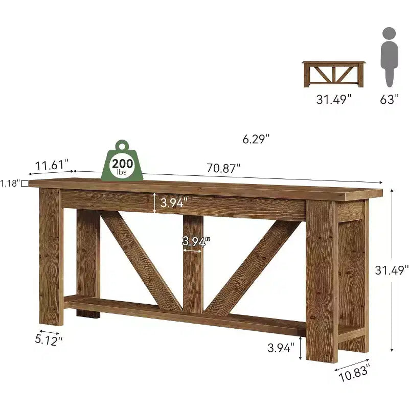 Lantine 2 Tiers Solid Wood Console Table, 70.9 Extra Long Entryway Table, Sofa Table Behind Couch for Living Room, Hallway, Foyer
