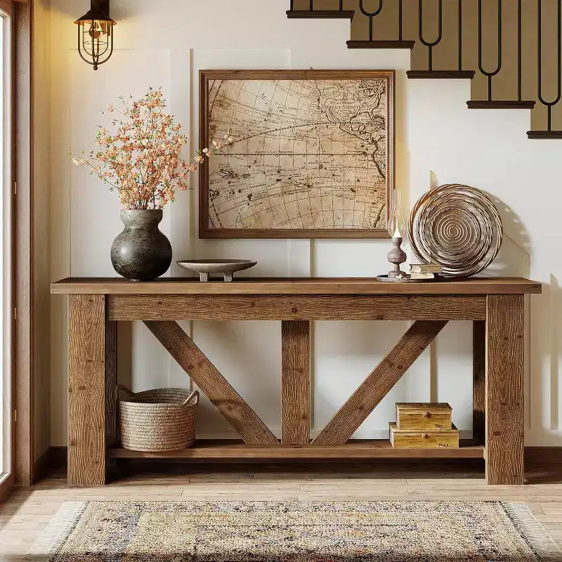 Lantine 2 Tiers Solid Wood Console Table, 70.9 Extra Long Entryway Table, Sofa Table Behind Couch for Living Room, Hallway, Foyer