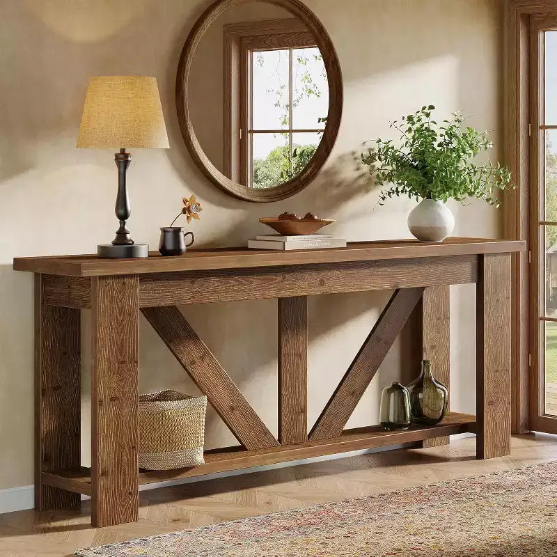 Lantine 2 Tiers Solid Wood Console Table, 70.9 Extra Long Entryway Table, Sofa Table Behind Couch for Living Room, Hallway, Foyer