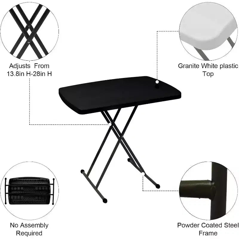 VINGLI Small Folding Table Portable, 30 Adjustable Height Personal Laptop TV Tray, Camping Table, HDPE Plastic Top with Steel Frame,Black